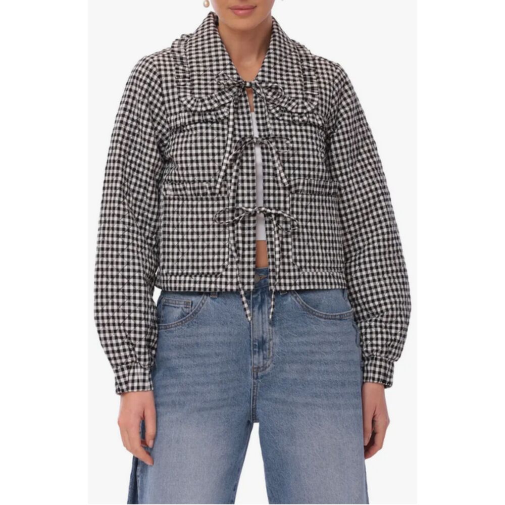 Black White Gingham Avec Les Filles Quilted Cotton Tie Front Ruffle Jacket (NWT)